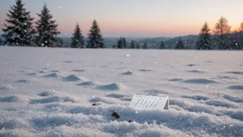 Et fredelig snødekt landskap med snøflak som faller fra himmelen.