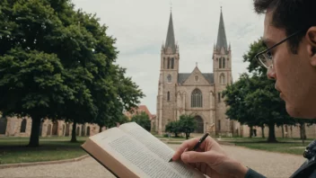 En person leser en bok med en kalvinistisk kirke i bakgrunnen, symboliserer kalvinistisk tro.