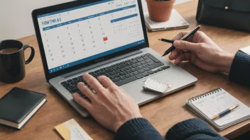En person som sitter foran en datamaskin, håndterer sine økonomiske forpliktelser, med en kalender og en lommebok i nærheten.