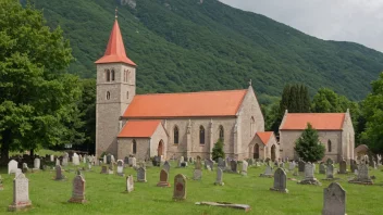 En stenkirke i en landlig setting