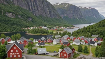 Et pittoreskt norsk tettsted eller landsby med et skilt eller landemerke som viser navnet Holum