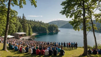 Et bilde av Kalvøya under Kalvøyafestivalen, med en scene og publikum i forgrunnen.