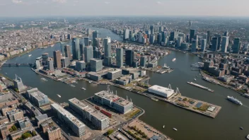 Flyfoto av Rotterdam by med moderne arkitektur og havn