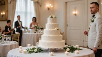 En tradisjonell bryllupskake med flere etasjer, dekorert med hvit glasur og blomster.