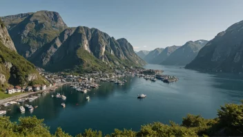 Et pittoreskt kystlandskap i Norge med en liten fiskeby og båter i havnen.