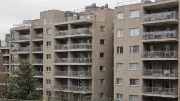 En moderne leilighetsbygning med flere balkonger og en by i bakgrunnen