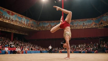 En person som utfører akrobatikk, med en bakgrunn av en sirkus eller en gymnastikksal.