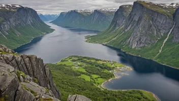 Et vakkert norsk landskap med et beskyttet område markert, som viser viktigheten av å bevare naturlandskap og kulturminner.