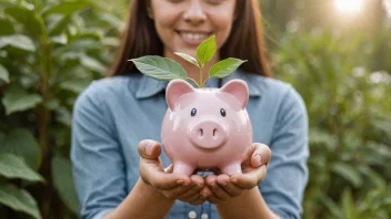 En person som holder en sparegris med en voksende plante i bakgrunnen.