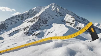 Et bilde som representerer begrepet snømengde, med et snødekt fjell og en målestokk eller linjal i forgrunnen.