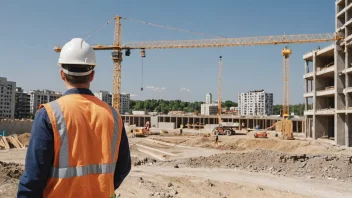 En byggeplass med en prosjektleder i forgrunnen, som overvåker arbeidet som utføres av ulike entreprenører.