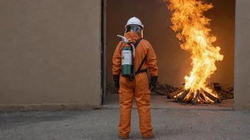 En person i en brannsikker drakt, som holder en brannslukker og står foran en brann, med flammer og gnister i bakgrunnen