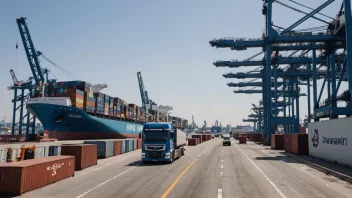 Et container skip fortøyd ved en havn, med containere som lastes og losses.