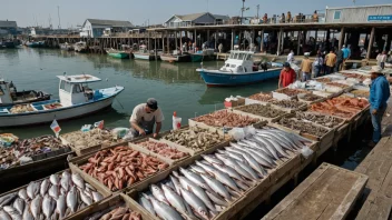 En fiskebrygge med et utvalg av ferske sjømatprodukter.