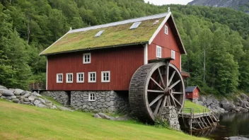 Et historisk møllebygg i Norge med en tre fasade og et stort hjul.