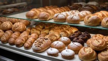 En fargerik arrangement av nybakte varer, inkludert et krusete brød, en etasjekake og et utvalg av søte paier.