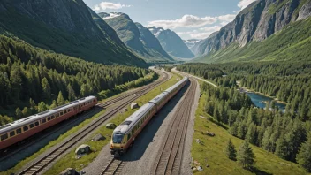 Et bilde av en jernbane med tog i bakgrunnen, omgitt av naturskjønne norske landskap.