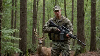 En storviltjeger i kamuflasje, med en rifle, stående i en skog med en stor hjort i bakgrunnen.