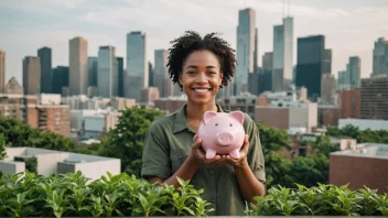 En person som holder en sparegris med et smil, omgitt av voksende planter og en bysilhuett i bakgrunnen, som symboliserer en lønnsom investering.