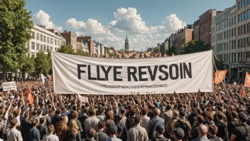 En fredelig protest med et stort banner med teksten 'Fløyelsrevolusjon' i forgrunnen, mot en bakgrunn av en by med en lys, solfylt himmel.