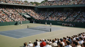 En tennisturnering i full gang, med spillere som konkurrerer på en tennisbane og en folkemengde som heier dem frem.