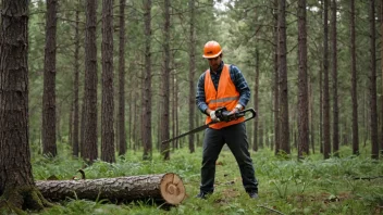 En person i en skog, omgitt av trær, med en motorsag eller en øks.