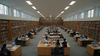 En biblioteksentral med flere filialer, omgitt av bøker og studenter.