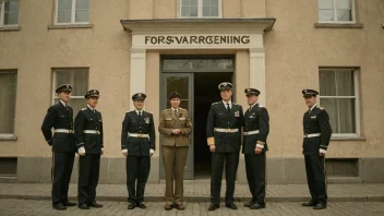 En gruppe mennesker i uniform, som representerer en forsvarsforening, står foran sitt hovedkvarter.