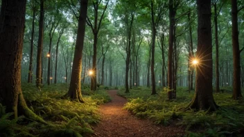 En mystisk og magisk skog med gnistrende lys og en følelse av fortryllelse