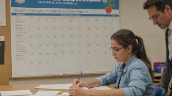 En lærer som vurderer en students arbeid med en kalender i bakgrunnen, som symboliserer vurderingen av en students prestasjoner over en termin.