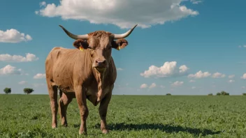 En ung okse med en sterk bygning og et fremtredende par horn, stående i en frodig grønn eng med en klar blå himmel i bakgrunnen.