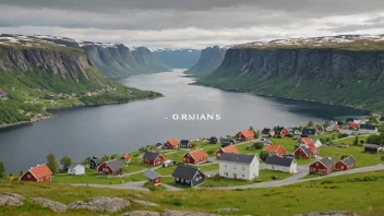 Et idyllisk norsk landskap med en liten landsby og et skilt med navnet 'Ørjans'.