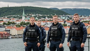 En gruppe norske spesialpoliti i uniform, med en by i bakgrunnen.