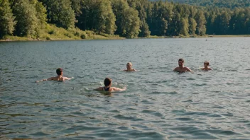 En gruppe mennesker svømmer i en innsjø på en solrik dag, med et vakkert landskap i bakgrunnen