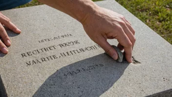 En person graverer et navn på et steinmonument med en meisel og hammer.