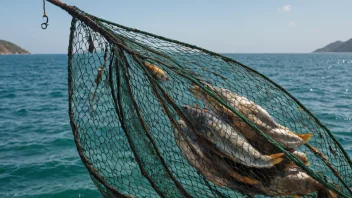 Et fiskegarn med fisk fanget i det, med en naturskjønn havbakgrunn.