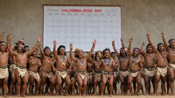 En gruppe urbefolkning kledd i tradisjonelle klær, samlet rundt et bord med en kalender eller en tidslinje, som fremhever viktige datoer og hendelser i deres historie.