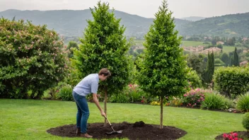 En person planter et tre i en hage med et vakkert landskap i bakgrunnen