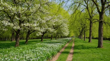 Et vakkert landskap med blomstrende blomster og grønne trær i april