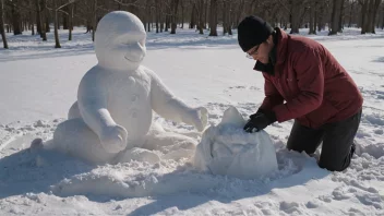 En person i en vinterjakke og hatt, som lager en snøskulptur av et dyr i et snølandskap.