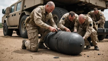 En bombegruppe i beskyttelsesutstyr arbeider med en bombelast.