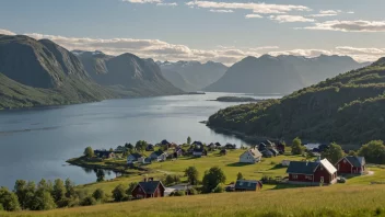 Et idyllisk landskap av Snarum bygd i Viken fylke, med Randsfjorden i bakgrunnen.