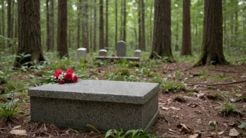 Et barns grav i en skog, med en liten gravstein og noen blomster.