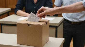 En person avgir stemme i en stemmeboks, med en regelbok eller en samling retningslinjer i bakgrunnen.