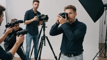 En profesjonell fotograf i et studio, holder et kamera og dirigerer et team av fotografer.