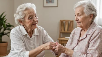 En eldre person som sitter på en sofa med en omsorgshjelper som holder hånden deres