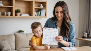 En omsorgsperson holder et barn, med en kalender eller planlegger i bakgrunnen, som fremhever omsorgsperioden.