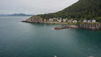 En pittoresk liten øy med noen få hus og en steinete kystlinje.