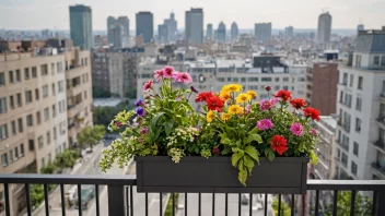 En balkongkasse med blomster og planter