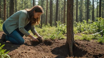 En person planter et tre i et skogsområde.